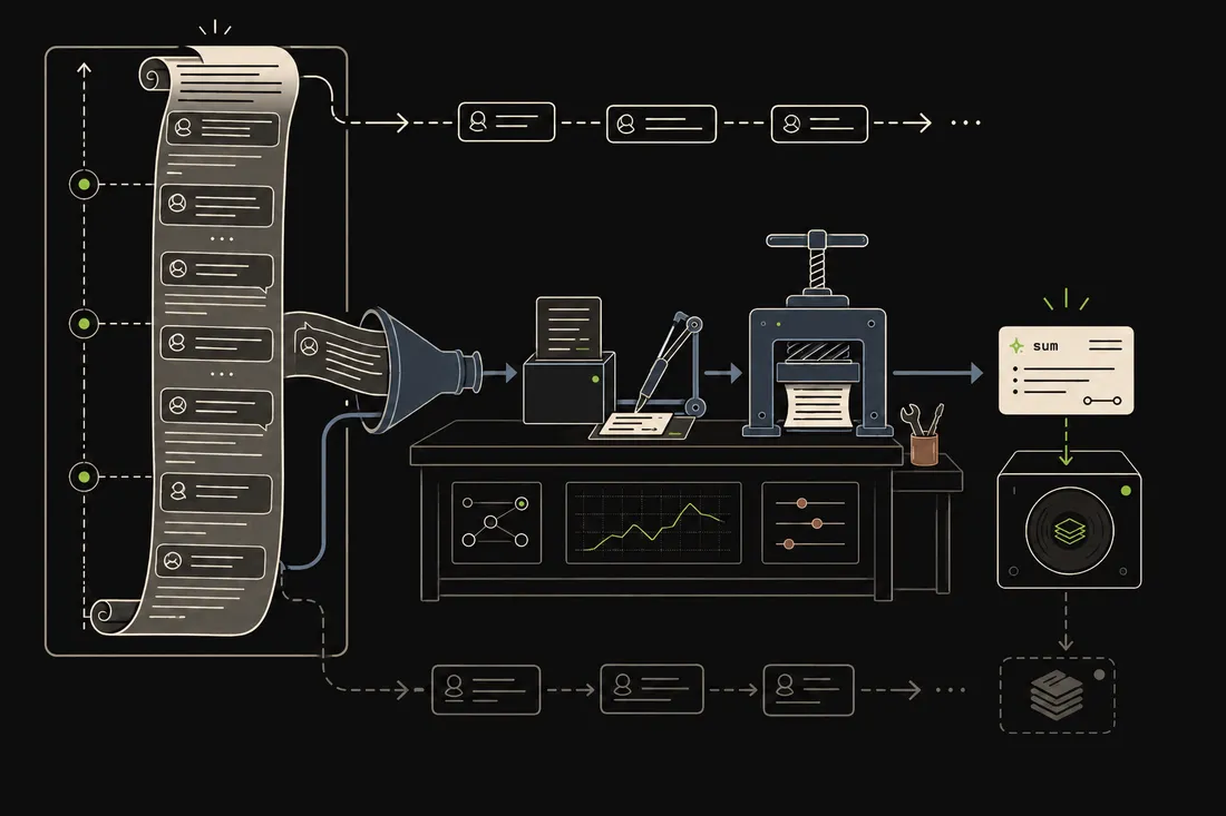 Flat illustration: a long conversation scroll being pressed into a compact saved summary card before it overflows.