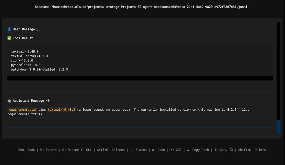 Screenshot of the Agent Sessions terminal app in its conversation viewer: a user message, a tool result, and an assistant reply laid out in plain text.